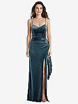 Side View Thumbnail - Dutch Blue Spaghetti Strap Velvet Maxi Dress with Draped Cascade Skirt