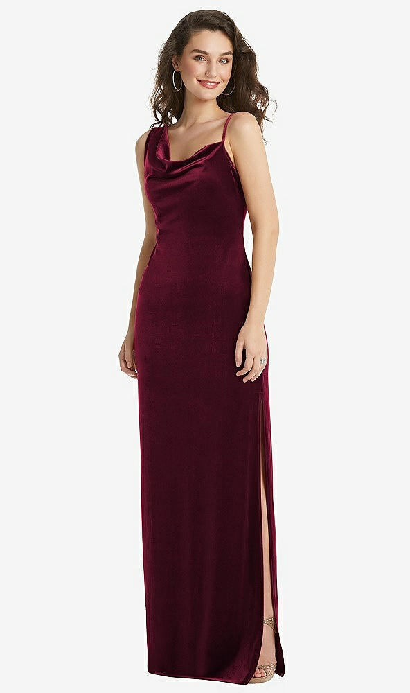 Front View - Cabernet Asymmetrical One-Shoulder Velvet Maxi Slip Dress