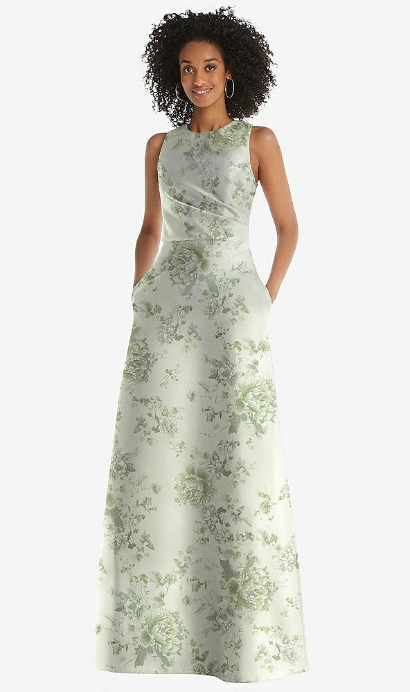 Front View - Cottage Rose Sage Jewel Neck Asymmetrical Shirred Bodice Floral Satin Maxi Dress