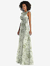 Side View Thumbnail - Cottage Rose Sage Jewel Neck Asymmetrical Shirred Bodice Floral Satin Maxi Dress