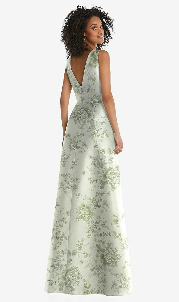 Back View - Cottage Rose Sage Jewel Neck Asymmetrical Shirred Bodice Floral Satin Maxi Dress