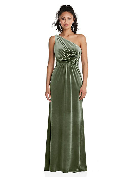 One-Shoulder Draped Velvet Maxi Dress