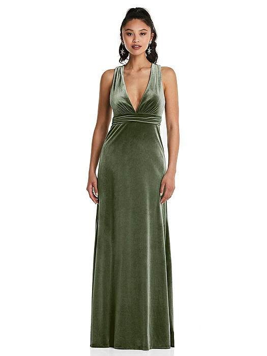 Plunging Neckline Velvet Maxi Dress with Criss Cross Open-Back