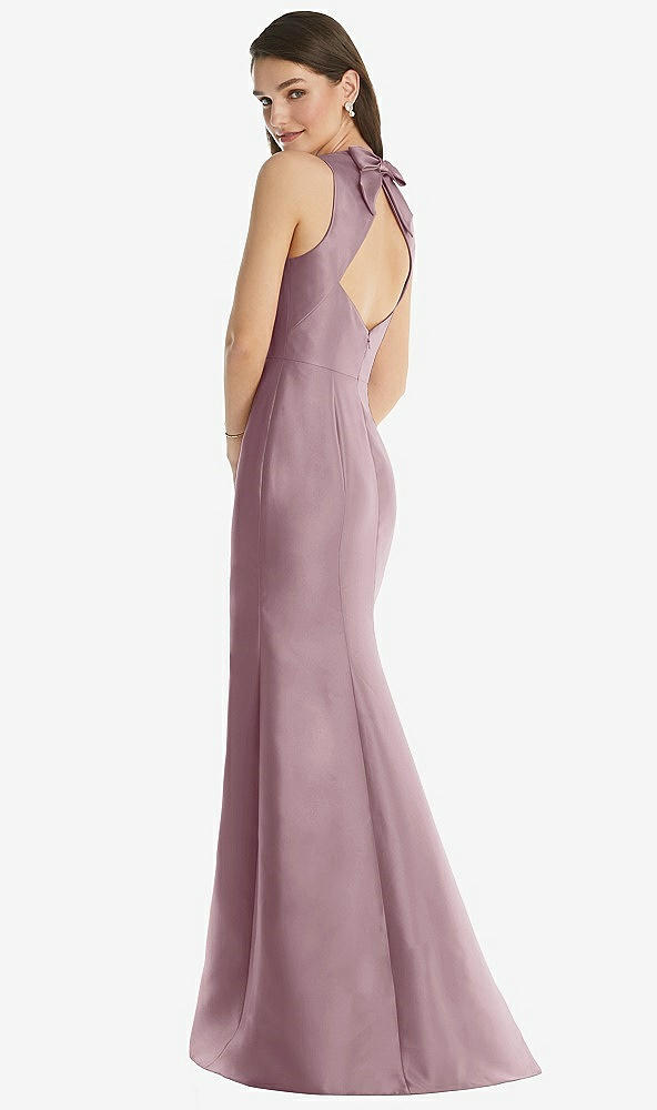 Back View - Dusty Rose Jewel Neck Bowed Open-Back Trumpet Dress 