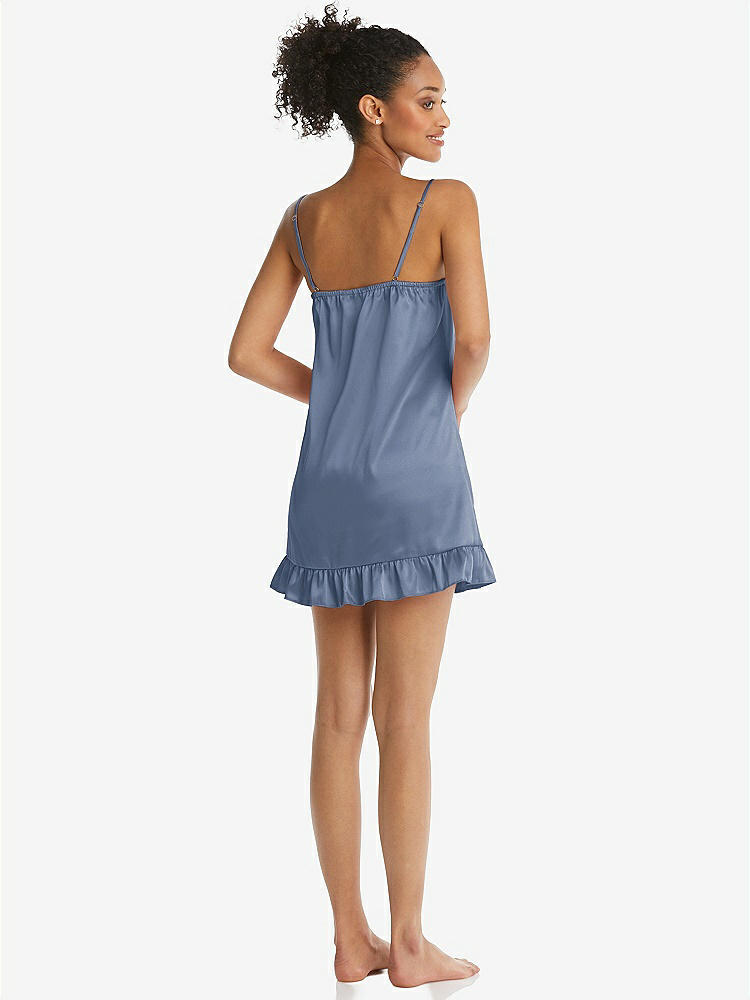 Back View - Larkspur Blue  Ruffled Hem Mini Stretch Satin Slip with Keyhole Neck - Jordan