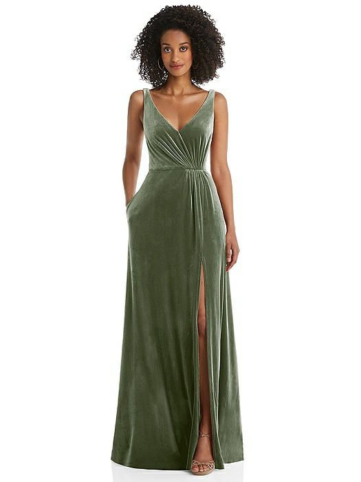 Velvet Maxi Dress with Shirred Bodice and Front Slit