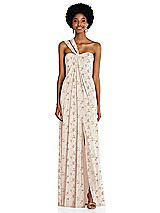 Alt View 1 Thumbnail - Coquette Floral Print Draped Chiffon Grecian Column Gown with Convertible Straps