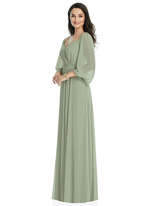 Off-the-Shoulder Puff Sleeve Maxi Dress with Front Slit