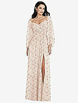 Alt View 1 Thumbnail - Coquette Floral Print Off-the-Shoulder Puff Sleeve Maxi Dress with Front Slit