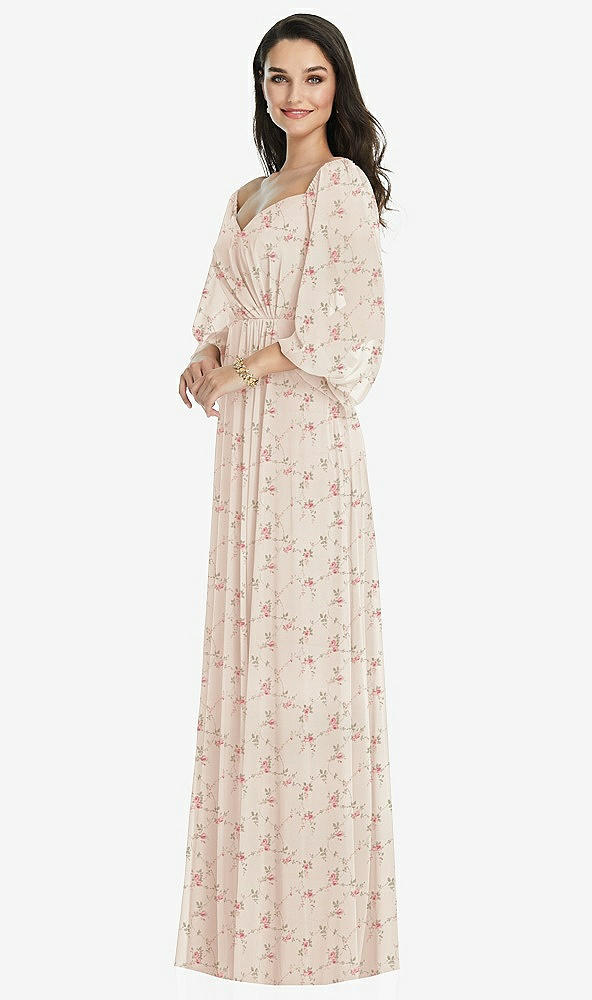 Front View - Coquette Floral Print Off-the-Shoulder Puff Sleeve Maxi Dress with Front Slit