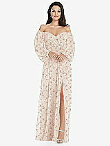 Side View Thumbnail - Coquette Floral Print Off-the-Shoulder Puff Sleeve Maxi Dress with Front Slit