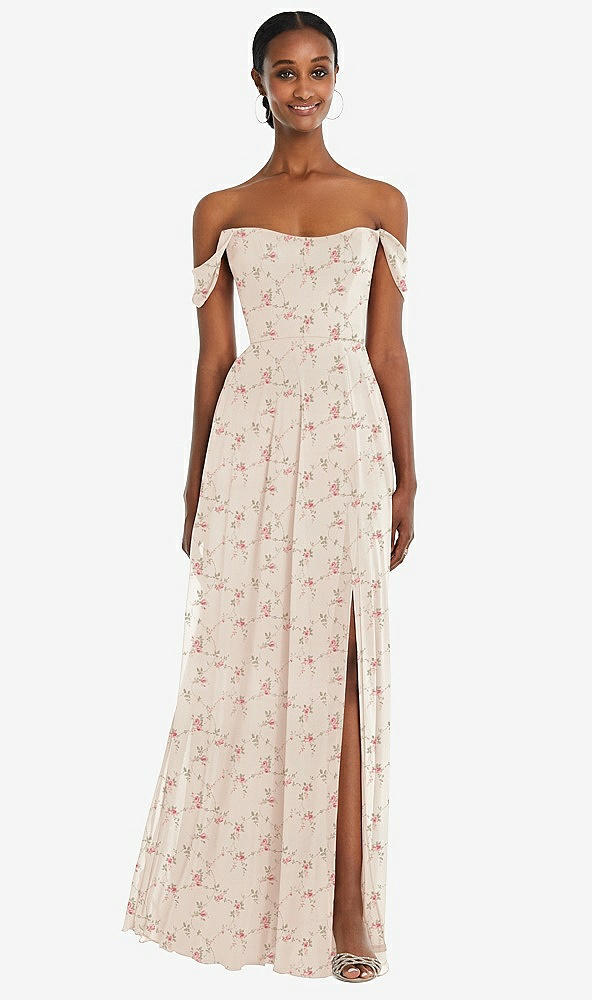 Front View - Coquette Floral Print Off-the-Shoulder Basque Neck Maxi Dress with Flounce Sleeves