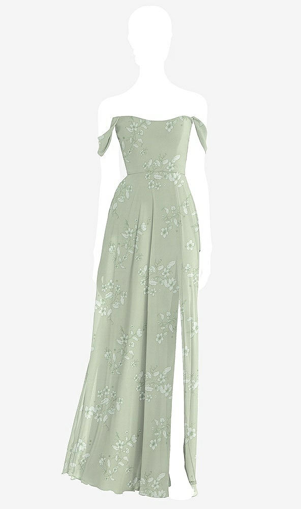 Front View - Vintage Primrose Sage Off-the-Shoulder Basque Neck Maxi Dress with Flounce Sleeves