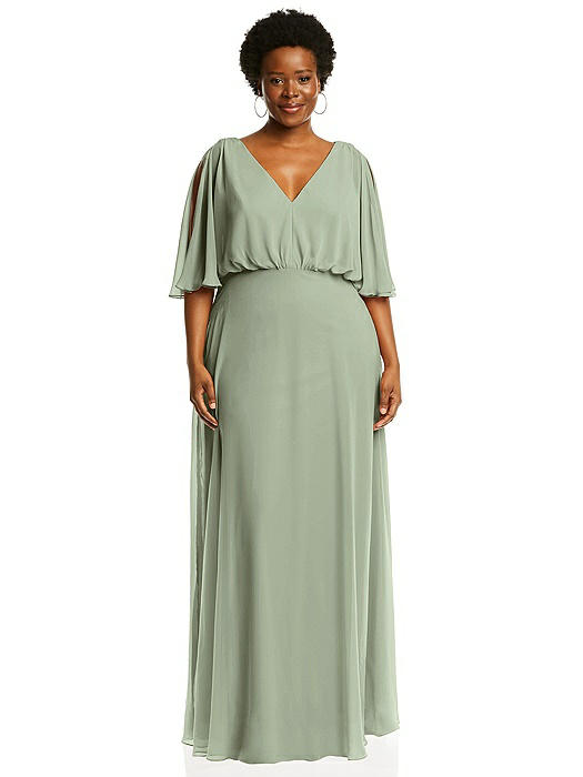 V-Neck Split Sleeve Blouson Bodice Maxi Dress