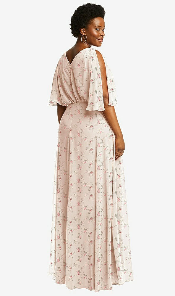 Back View - Coquette Floral Print V-Neck Split Sleeve Blouson Bodice Maxi Dress