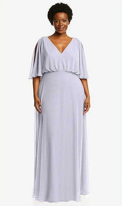 V-neck Split Sleeve Blouson Bodice Maxi Bridesmaid Dress In Silver Dove |  The Dessy Group