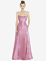 Front View Thumbnail - Powder Pink Bow Cuff Strapless Satin Ball Gown with Pockets