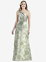 Front View Thumbnail - Cottage Rose Sage Pleated Draped One-Shoulder Floral Satin Gown with Pockets