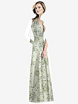 Side View Thumbnail - Cottage Rose Sage Pleated Draped One-Shoulder Floral Satin Gown with Pockets