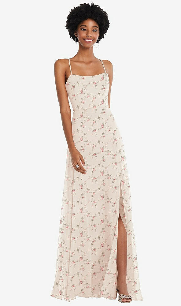 Front View - Coquette Floral Print Scoop Neck Convertible Tie-Strap Maxi Dress with Front Slit