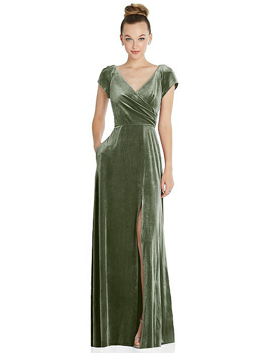 Cap Sleeve Faux Wrap Velvet Maxi Dress with Pockets