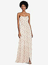 Front View Thumbnail - Coquette Floral Print Strapless Sweetheart Maxi Dress with Pleated Front Slit 