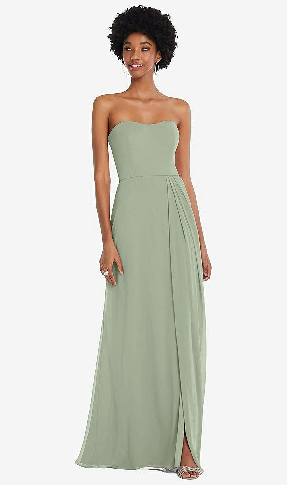 Strapless Sweetheart Maxi Bridesmaid Dress With Pleated Front Slit In Sage  | The Dessy Group