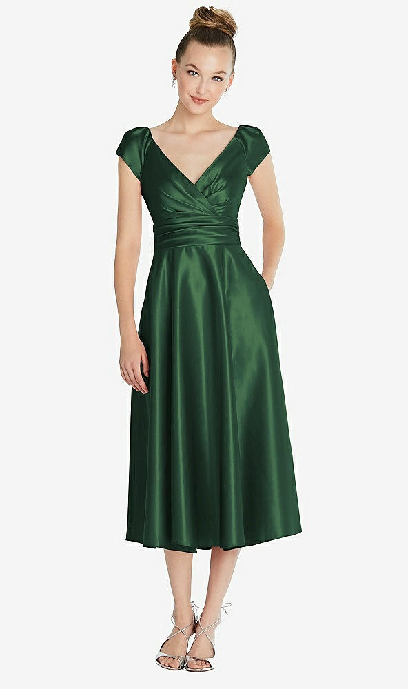 Front View - Hampton Green Cap Sleeve Faux Wrap Satin Midi Dress with Pockets