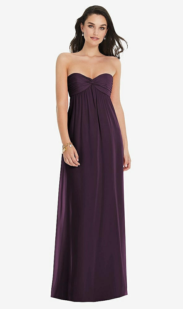 Front View - Aubergine Twist Shirred Strapless Empire Waist Gown with Optional Straps