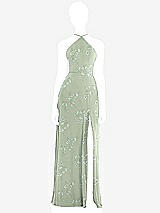 Front View Thumbnail - Vintage Primrose Sage Diamond Halter Maxi Dress with Adjustable Straps