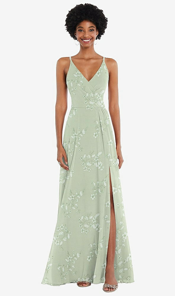 Front View - Vintage Primrose Sage Faux Wrap Criss Cross Back Maxi Dress with Adjustable Straps