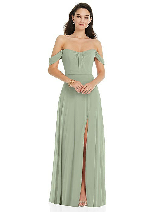 Off-the-Shoulder Draped Sleeve Maxi Dress with Front Slit