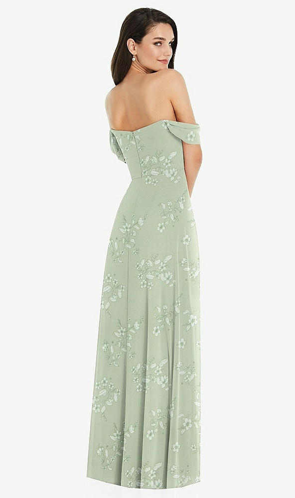 Back View - Vintage Primrose Sage Off-the-Shoulder Draped Sleeve Maxi Dress with Front Slit