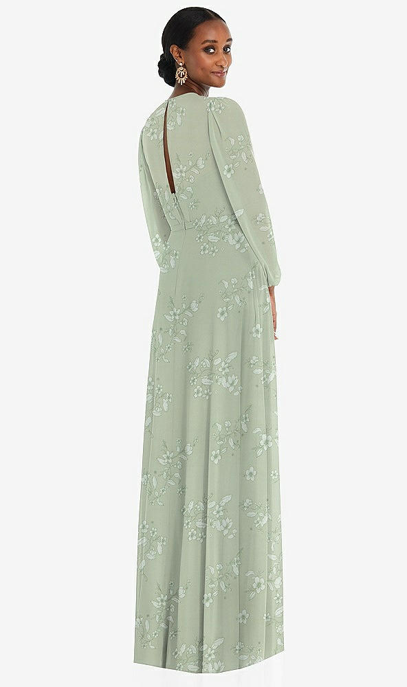 Back View - Vintage Primrose Sage Strapless Chiffon Maxi Dress with Puff Sleeve Blouson Overlay 