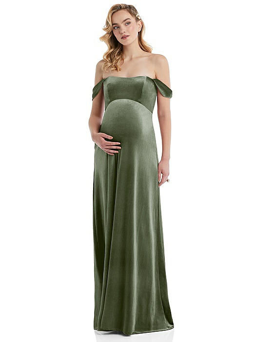 Off-the-Shoulder Flounce Sleeve Velvet Maternity Dress