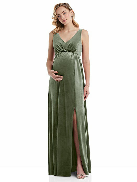 V-Neck Closed-Back Velvet Maternity Dress with Pockets