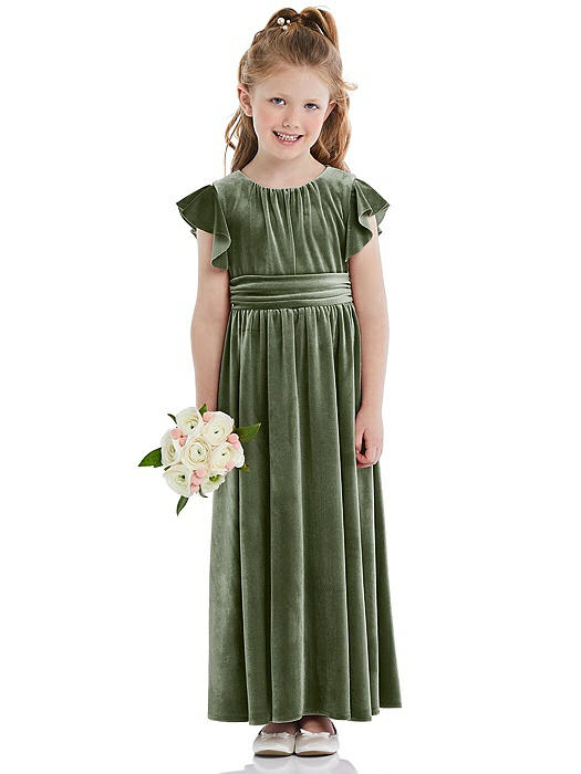 Ruched Flutter Sleeve Velvet Flower Girl Dress with Sash