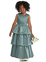 Front View Thumbnail - Icelandic Jewel Neck Tiered Skirt Satin Flower Girl Dress