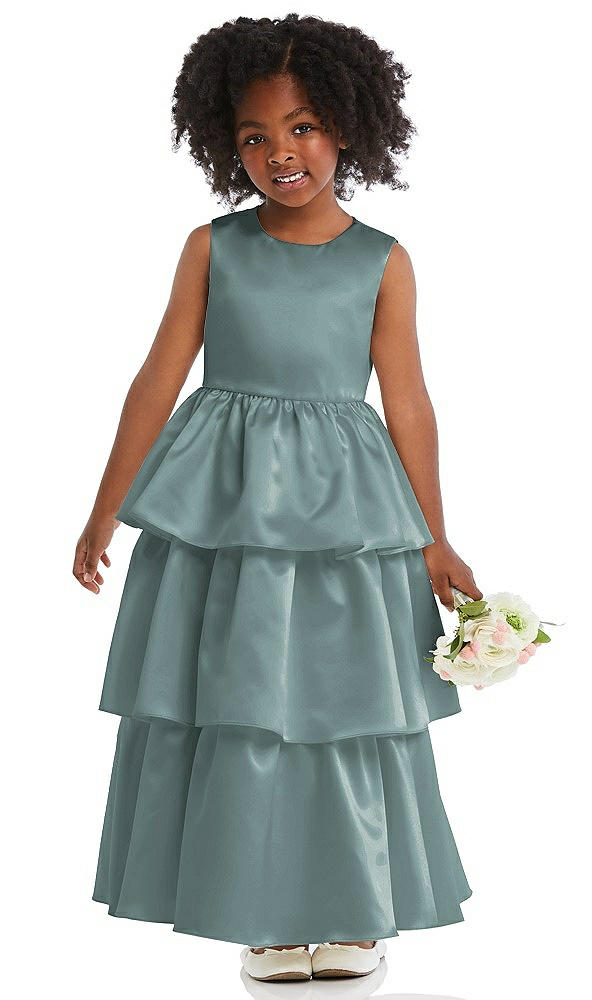 Front View - Icelandic Jewel Neck Tiered Skirt Satin Flower Girl Dress