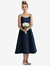 Front View Thumbnail - Midnight Navy Adjustable Spaghetti Strap Satin Midi Junior Bridesmaid Dress