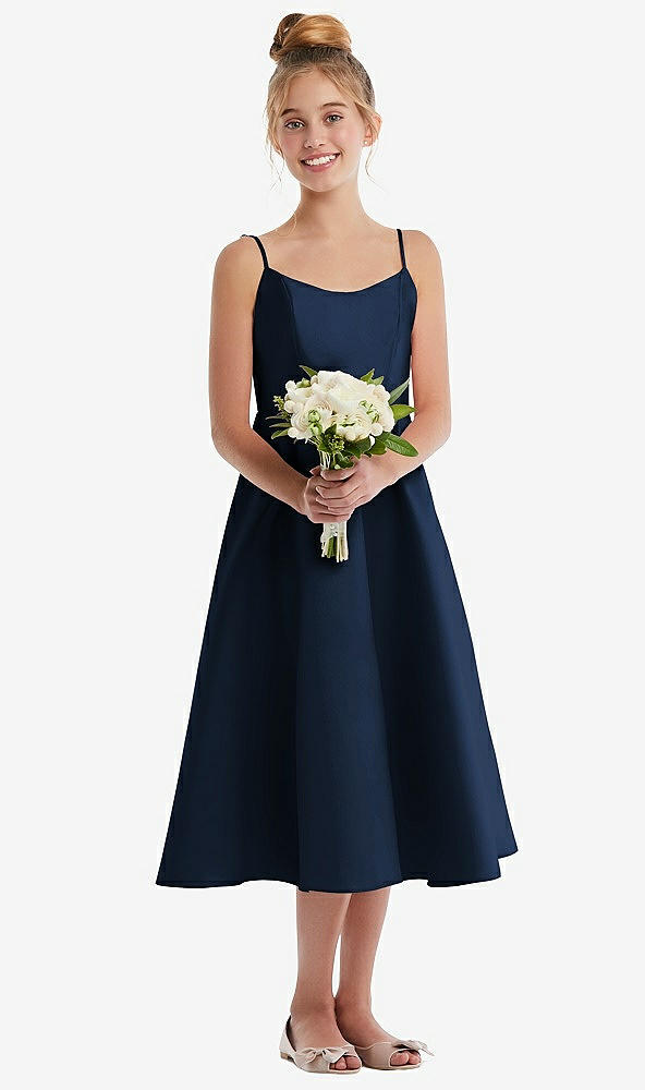 Front View - Midnight Navy Adjustable Spaghetti Strap Satin Midi Junior Bridesmaid Dress