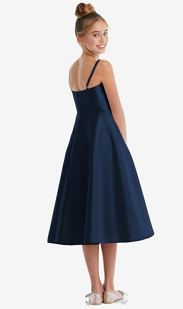 Back View - Midnight Navy Adjustable Spaghetti Strap Satin Midi Junior Bridesmaid Dress