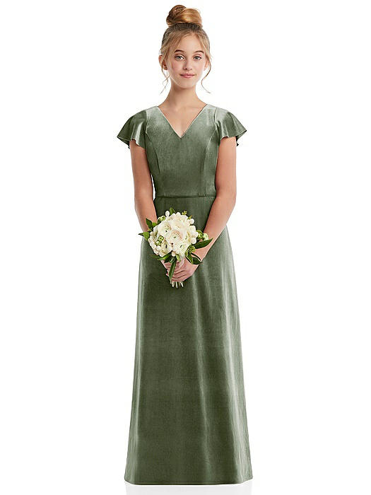 Flutter Sleeve Tie Back Velvet Junior Bridesmaid Dress