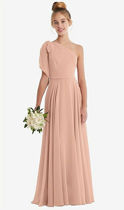 One-shoulder Scarf Bow Chiffon Junior Bridesmaid Dress In Pale Peach | The  Dessy Group