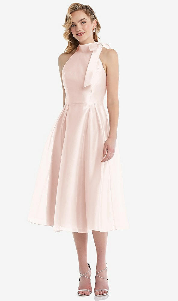 Front View - Blush Scarf-Tie High-Neck Halter Organdy Midi Dress