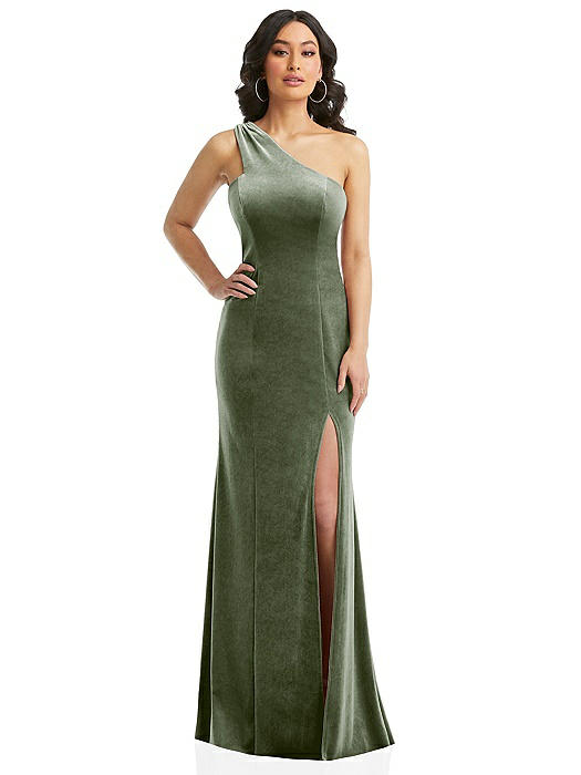 One-Shoulder Velvet Trumpet Gown with Front Slit