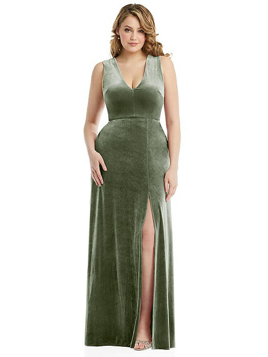 Deep V-Neck Sleeveless Velvet Maxi Dress with Pockets