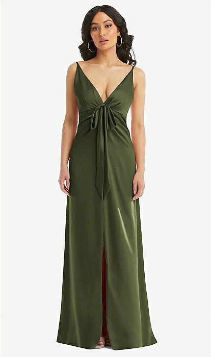 Skinny Strap Plunge Neckline Maxi Bridesmaid Dress With Bow Detail In Olive  Green | The Dessy Group