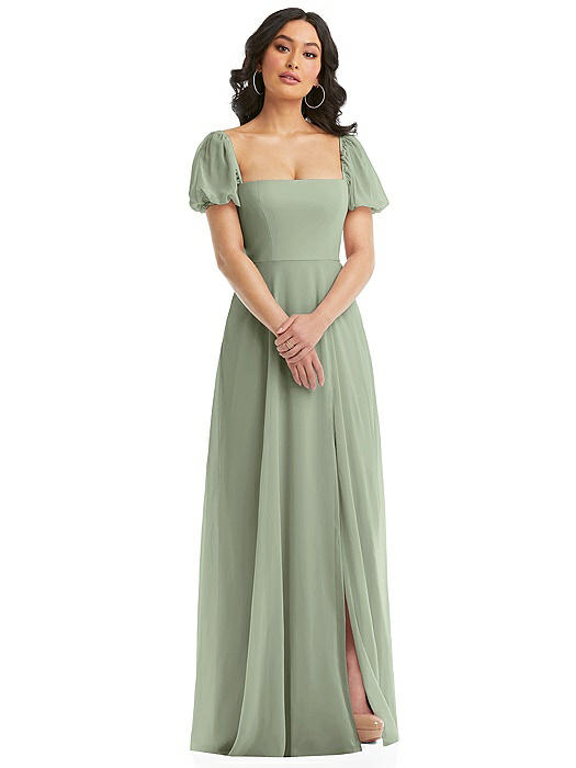 Puff Sleeve Chiffon Maxi Dress with Front Slit