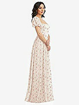 Side View Thumbnail - Coquette Floral Print Puff Sleeve Chiffon Maxi Dress with Front Slit